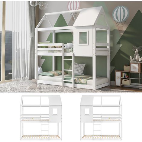 Bunk Bed, Children Cabin Bed, Single Bed for Kids, Twin Sleeper, Solid Pine Wood,3FT-White (1/5)