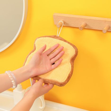 Adorable serviette de bain avec boucle de suspension, en microfibre polaire corail absorbante, idéale pour la cuisine, la salle de bain et la chambre, 15 x 25 cm, forme de tranche de pain. (1/5)