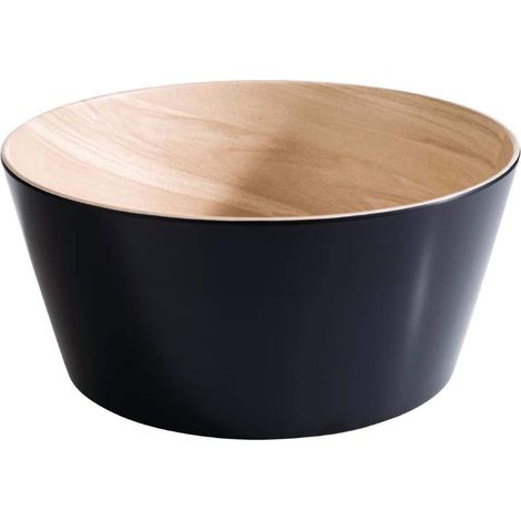 bol en mélamine presque incassable, bol en plastique robuste, saladier, Ø 20 cm x H : 7,5 cm, bol à goûter, empilable, intérieur aspect bois, noir, va au lave-vaisselle. (1/2)