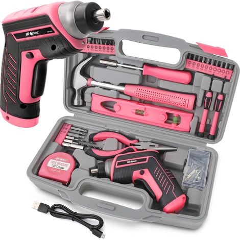 Tournevis électrique 3.6 V rose - Tournevis sans fil avec jeu d'outils - Boîte à outils complète - Marteau, pinces, forets, jeu de tournevis et embouts pour le bricolage (1/5)