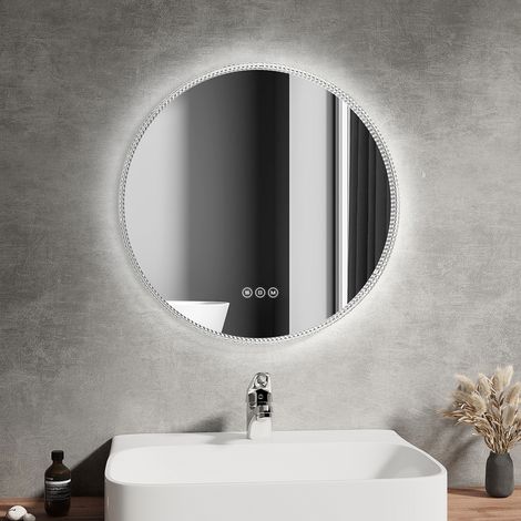 EMKE Round Bathroom Mirror with LED Lights 600MM Dimmable 3 Colours Illuminated Crystal Frame Fashion Defogging Mirror (1/5)