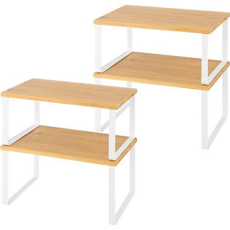 4er-Set Aufbewahrungsregale – Bambus und Metall – Ausziehbar und stapelbar – Für Küche und Bad – Natur und Weiß (1/5)