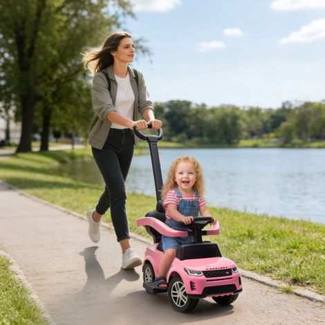 Veicolo cavalcabile 2 in 1 per bambini dai 18 ai 36 mesi, modello LAND ROVER DISCOVERY, con vano portaoggetti, maniglia rimovibile e parapetto, colore rosa. (1/5)