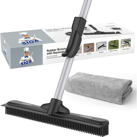 Pet Hair Removal Rubber Broom avec Raclette Intégrée, Brosse de Sol Brosse de Sol 3 en 1 en Caoutchouc pour Tapis, Poignée Réglable 155cm, y/c 1 Chiffon Microfibre pour dépoussiérage du Sol (1/5)
