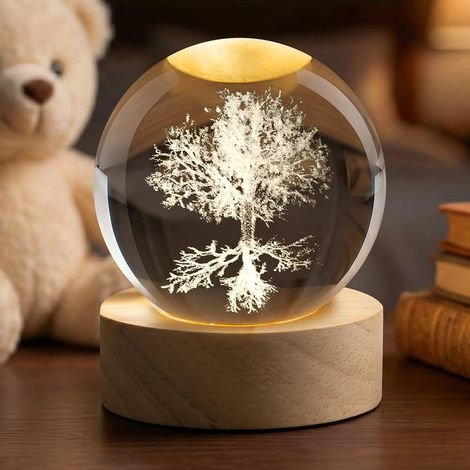 Boule de cristal 3D Arbre de Vie, boule décorative en verre avec socle en bois et lumière, interface USB avec interrupteur, ornement pour la décoration intérieure,cadeau d'anniversaire (1/5)