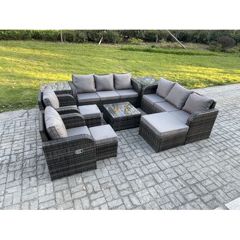 Fimous Hoher Rücken Polyrattan Gartenmöbel Set mit Quadratischer Couchtisch 3 Hockern 2 Beistelltischen Garten Lounge Set Dunkelgrau Gemischt (1/4)