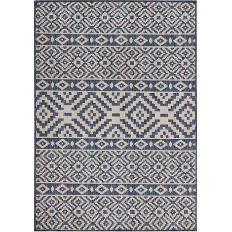 Tapis d'extérieur tissage plat polypropylène bleu à rayures pour terrasse et balcon 160 x 230 cm - PANGIVO (1/5)