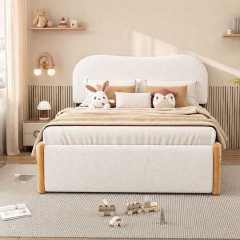 Letto estraibile per bambini 140x200 cm in tessuto peluche bianco, salvaspazio