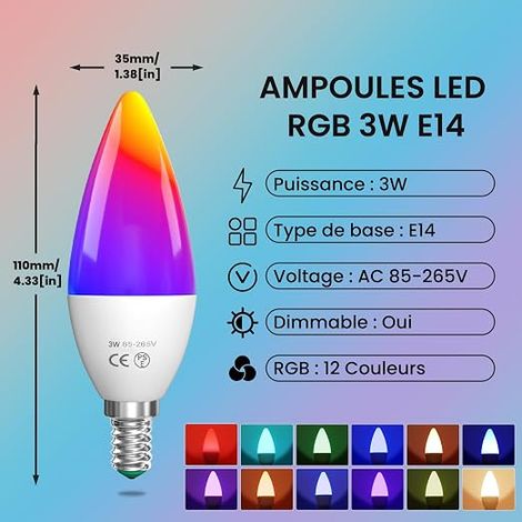 3 W E14 RGB LED Light Bulb, Dimmable RGB+Warm White 12 Colours Memory Function and Timer Remote Control Light Bulb for Home/Decoration/Party/KTV (1/4)