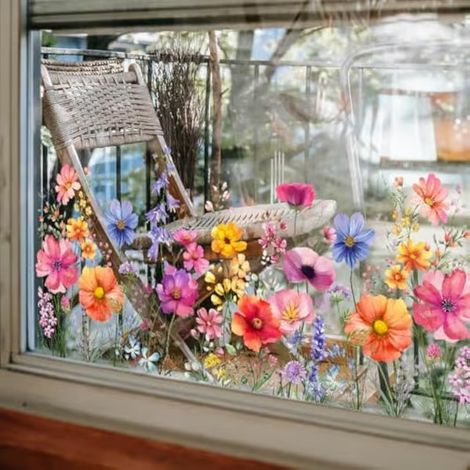 Autocollants pour fenêtre Jardin de fleurs, autocollants muraux de fleurs sauvages et herbes, autocollants fenêtre lys, pivoine, coquelicot pour chambre (1/5)