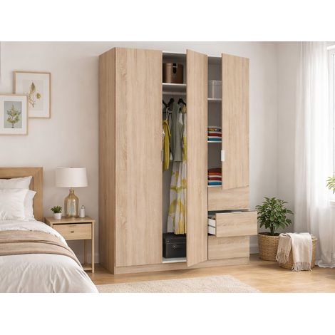 Guardaroba 3 ante Fullerton, Armadio per camera da letto 3 cassetti, Mobile con 3 ripiani e barra appendiabiti, 135x52h200 cm, Rovere (1/5)