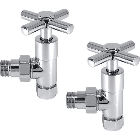 Pair of Angled Chrome Radiator Valves Round Certral Heating Taps 15mm (1/3)