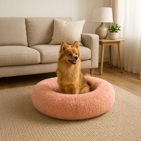 belviona Donut-Hundebett, kuscheliges Plüschbett mit weicher Füllung, sicherem Halt & ergonomischem Rand, 60 cm Durchmesser, altrosa (1/4)