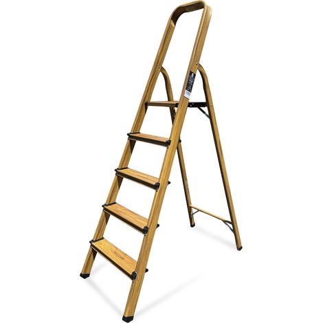 KELI - Escabeau Élégance Domestique 5 Marches (Hauteur d'accès au travail 3,00M), Marchepied, Fabriqué En Aluminium Finition bois (Chêne) (1/4)