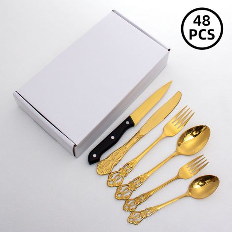 (Service de table 48 pièces - doré) Service de table avec couverts et cuillères en acier inoxydable ajouré et gaufré