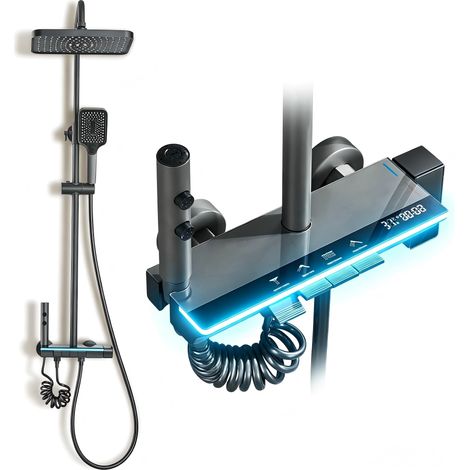 Colonne de Douche Titane avec Tête Carrée, Colonne de Douche 4 Modes et Hauteur Réglable 75-110CM, Affichage LED, Tête de Douche, Jet, Robinet et Pommeau de Douche (Gris) (1/5)