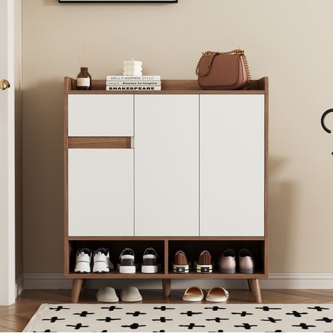 Zapatero aparador 90x35x99 cm blanco y natural en tablero de partículas con estantes ajustables (1/5)