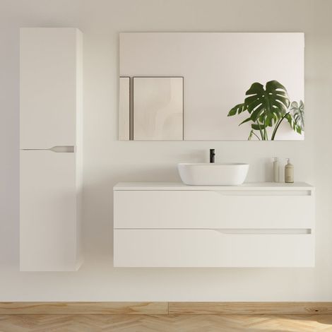 Meuble de salle de bain 120cm avec plateau et vasque arrondie Zeus - 2 tiroirs et colonne de rangement - blanc mat - LUNA