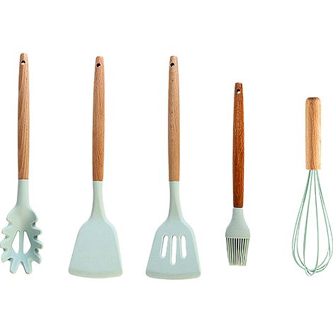 Ensemble Ustensiles Cuisine - Silicone Et Bois - 5 Pieces - Resistance Chaleur - Protection Revetement (1/5)