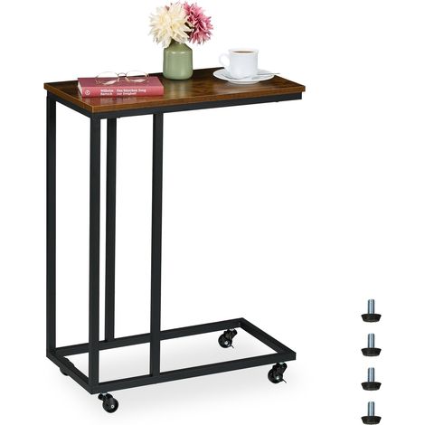Mesa auxiliar en forma de C con ruedas, de metal y MDF