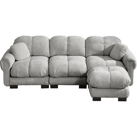 L-förmiges 3-Sitzer-Sofa aus Chenille in Hellgrau mit mobilem Hocker und 2 Kissen (1/5)