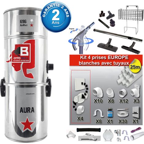 Aspiration centralisée avec sac OTTO BULL AURA 400 INOX (jusqu’à 400 m²), Garantie 2 ans + Set inter 9 M + 8 accessoires + kit 4 prises + kit prise balai + kit prise garage (1/5)