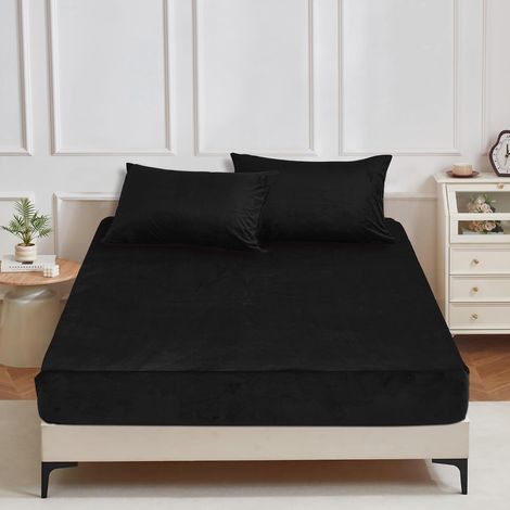 Drap Housse 180x200 Velours Hiver Noir Bonnet 30 cm Drap Housse 180x200 Polaire Doux Douillet Duveteux Confortable Drap de lit Flanelle pour Matelas Épais (1/5)