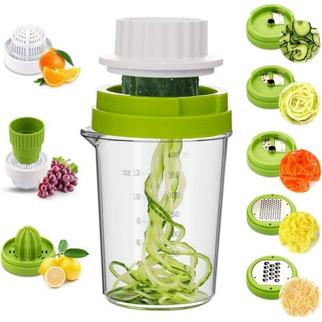8-in-1 Spiral-Gemüseschneider, Gemüsespiralschneider für Zucchini, Karotten und Zwiebeln (Spaghetti), Gemüsereibe mit manueller Zitronenpresse, Zitruspresse für Zitronen und Orangen (1/5)