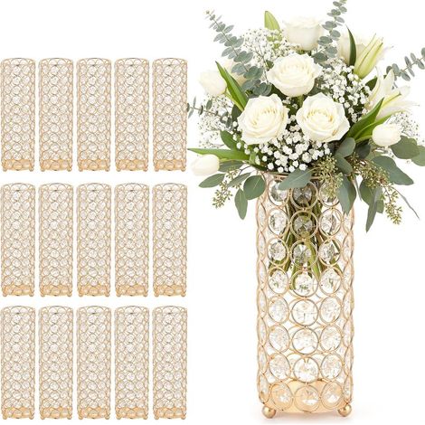 Vase de Mariage Métal Lot de 16 Vase de Centre de Table Hauteur 26 cm Support Cylindrique pour Compositions Florales, Banquets de Fêtes Mariage, Décoration Intérieure, avec Perles Cristal, Doré (1/5)