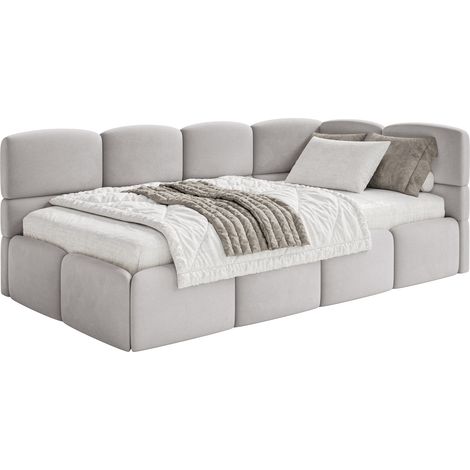 Selsey Cloudy – Jugendbett 120 cm, Bettkasten, Velours wasserabweisend, Kopfteil rechts, Hellgrau
