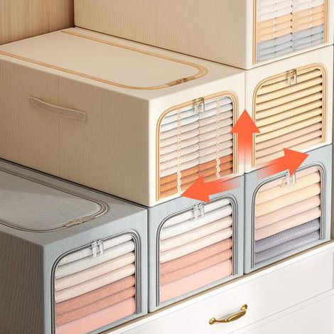 Coffre de rangement à structure en acier profond, coffre de rangement pour chambre, organisateur de dressing, résistant à l'humidité, portable, coffre de rangement pour couettes et vêtements, beige. (1/5)