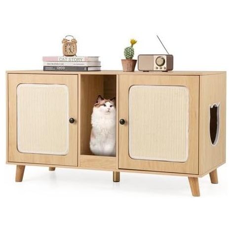 GOPLUS Meuble Litières Chats en Bois avec Grand Plateau, 2 Placards avec Portes, Espace Ouvert, 2 Panneaux Griffoirs et Tapis Griffoir, Entrées Latérales, Style Moderne (Naturel)