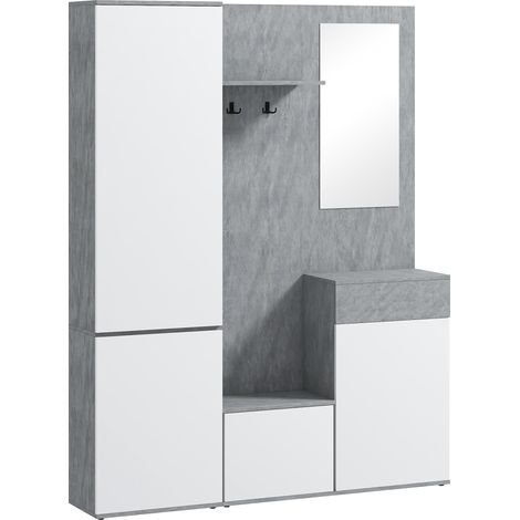 Porte-manteaux d'entrée 4 en 1 avec miroir, crochets et étagères, bois, gris et blanc, 145x29x184 cm