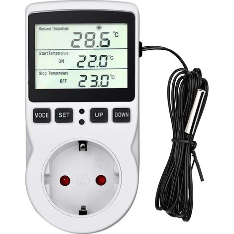 Enchufe con termostato y temporizador digital de 230 V/50 Hz, con sonda para calentador y termostato, ideal para acuarios, incubadoras e invernaderos (de -40 a 120 ℃). (1/5)