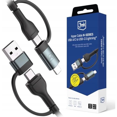 Schwarzes geflochtenes Kabel 3mk Hyper Cable N-SERIES 2in2 A/C - C/Lightning 1 1 Stück. (1/3)