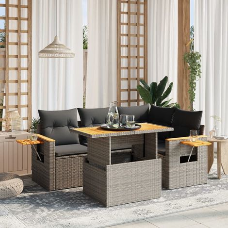 Ensemble Salon Jardin 5 Pièces Résine Tressée Gris avec Coussins et Table Réglable (1/3)
