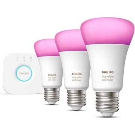 Philips Hue White and Color Ambiance, Kit de démarrage 3 ampoules E27, 75W, Bluetooth, fonctionne avec Alexa, Google et Homekit
