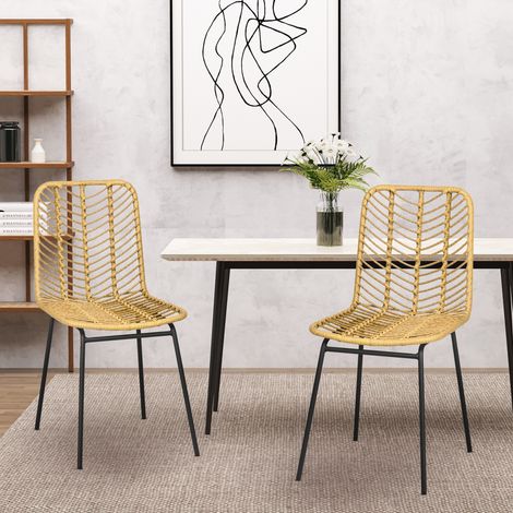 Lot de 2 chaises de salle à manger design bohème en résine tressée et piètement métal 44 x 58 x 85 cm jaune (1/5)