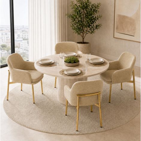 Set aus 4 modernen Esszimmerstühlen mit Armlehnen, Polyester und Eisenbeinen, Beige (1/5)