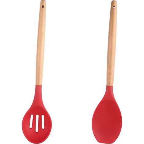Cuchara Y Espátula De Silicona - Mango Redondo En Madera - Resistente Al Calor - Sin BPA - Aptas Para Lavavajillas - 2 Unidades (1/5)