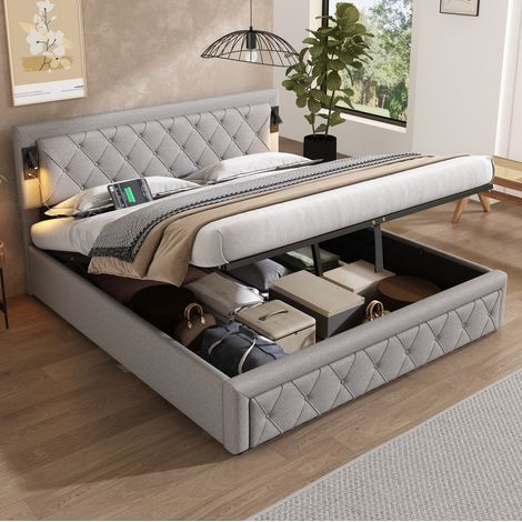 Cama doble con almacenamiento hidráulico USB gris OKMYHOME (1/5)