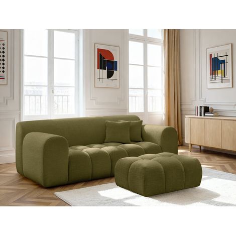 BOBOCHIC - Canapé droit fixe 2 places MELISSE tissu texturé avec pouf   Vert