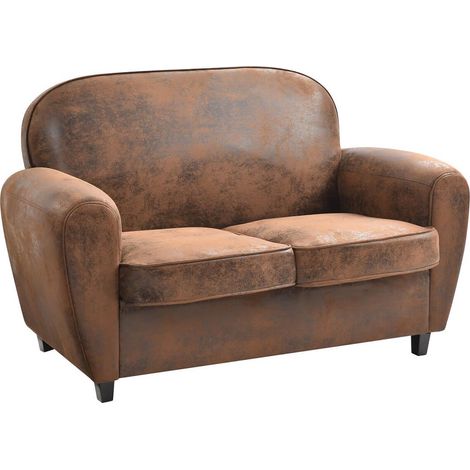Altobuy – Canapé droit 2 places marron aspect cuir vieilli – Piétement en bois massif noir – Dimensions 139 x 84 x H86 cm – Confort inégalé
