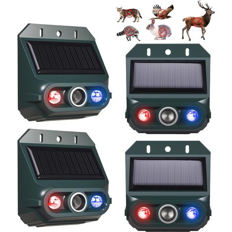 2026 Lot de 4 répulsifs solaires pour animaux, répulsif ultrasonique pour oiseaux et chats avec lumières LED rouges et bleues, répulsif efficace contre les ours et les renards pour jardin, ferme et po (1/5)