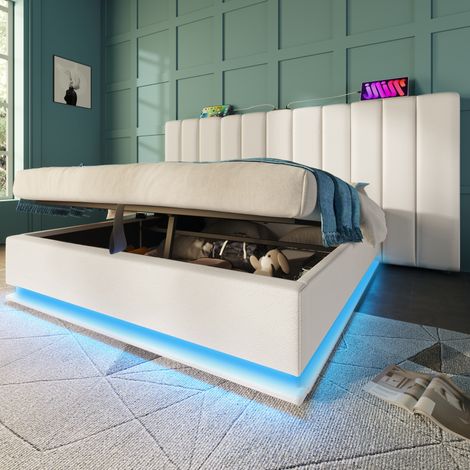 Cama tapizada con almacenaje 180/200 cm blanca de PU con LED y carga USB-C (1/5)