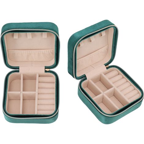 Boîte à bijoux en velours, compacte et zippée, idéale pour les voyages et le quotidien. Vert noir.