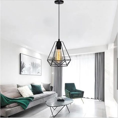 Lampe Suspension Vintage en Cage Diamant Noir,Lustre Suspension Industrielle Fer Retro Style Edison pour Salon Chambre (1/4)