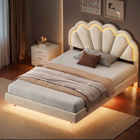 Lit rembourré 140 x 200 cm,lit flottant,tête de lit en forme de pétale avec LED,pieds de lit dissimulés,lit pour jeunes,tissu en velours beige (1/4)