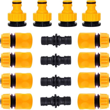Confezione da 16 connettori per tubo da giardino, 8 tubi flessibili a sgancio rapido da 1/2", 4 connettori doppi e 4 connettori da 3/4", connettori per tubo da giardino in plastica (1/5)