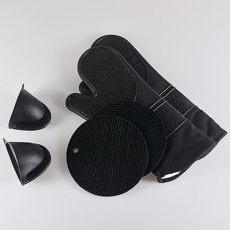 Set bestehend aus 2 Silikon-Untersetzern, 2 Mini-Ofenhandschuhen und 2 Silikonhandschuhen – Wabenmuster, hitzebeständig, rutschfest und wasserdicht. Küchenzubehör für Backofen und Grill. (1/5)